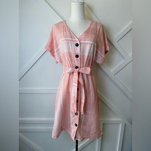 Carve Designs Short Sleeve V-Neck Linen Blend Dress Guava Stripe Size Small - Picture 1 of 10